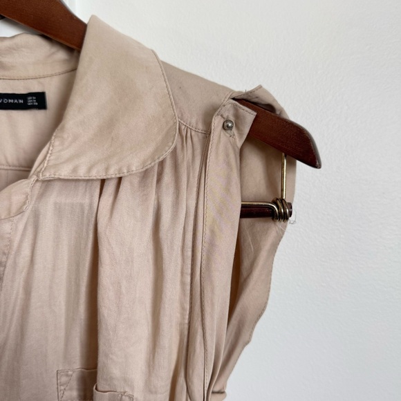 Zara Safari Style Dress W M Tan button up belted collared cap sleeve rare style - Picture 4 of 12